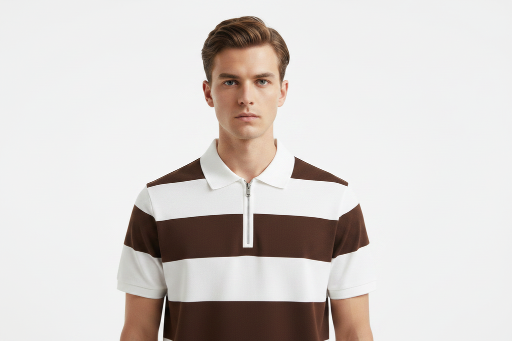 Brown & White Stripe Polo – Model