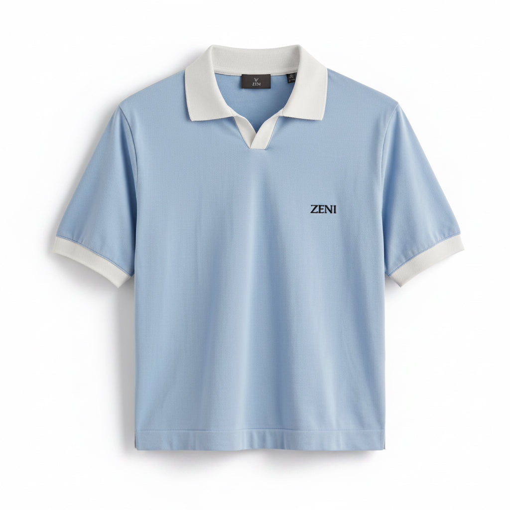 ZENI Sky Blue Cotton Polo T-Shirt