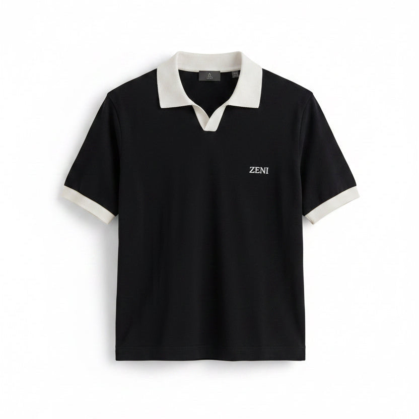 ZENI Black Cotton Polo T-Shirt