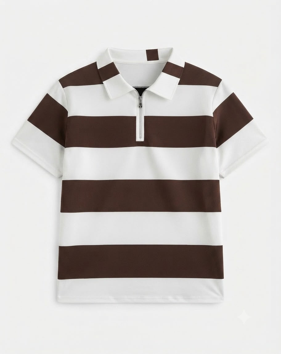 ZENI Brown & White Stripe Quarter-Zip Polo