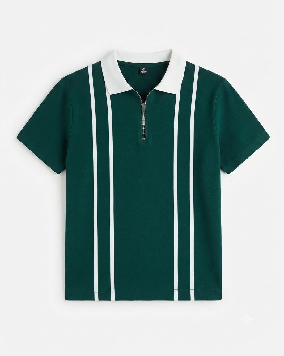 ZENI Forest Green Vertical Stripe Quarter-Zip Polo